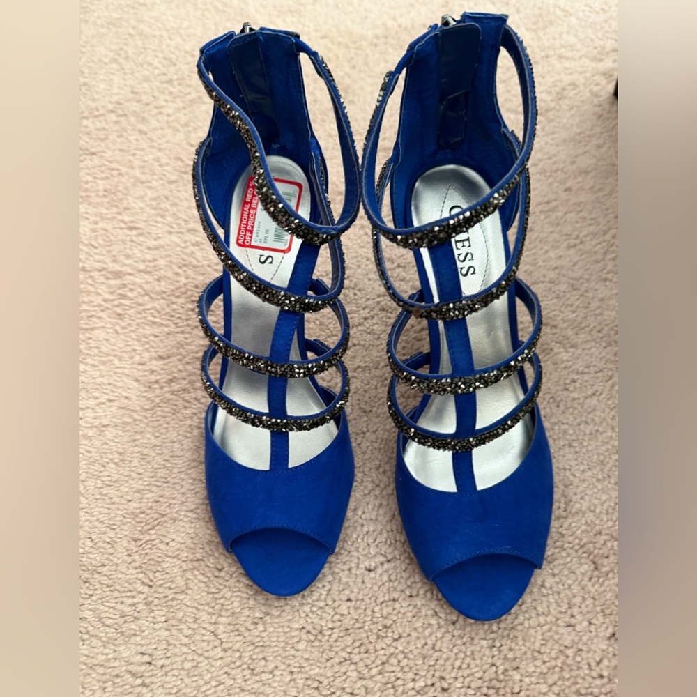 Guess Cobalt Blue Strappy Crystal-Accented Heels